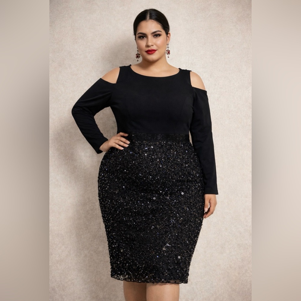 Adrianna Papell Black Sequin Cold Shoulder Dress